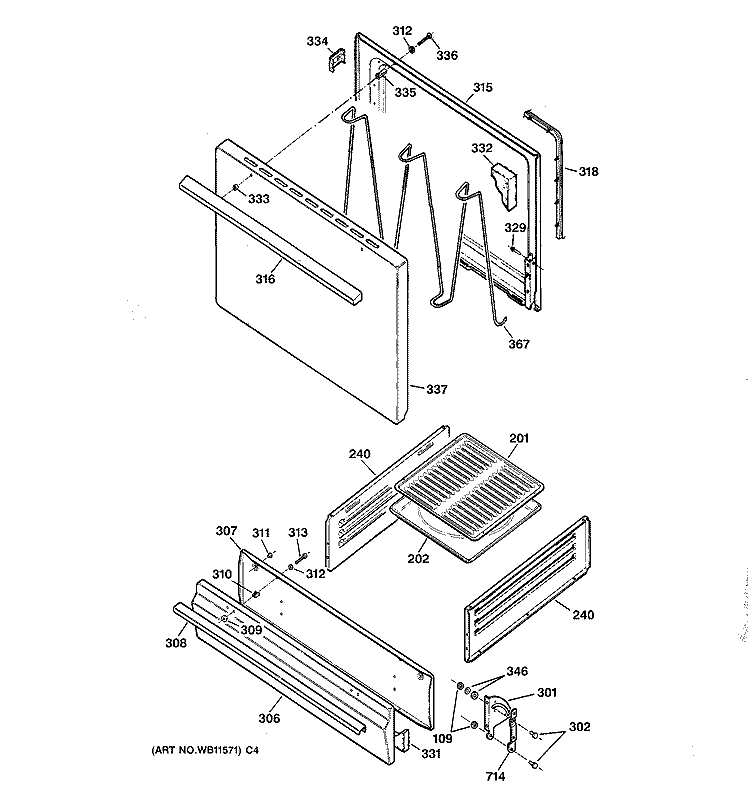 DOOR & DRAWER PARTS Diagram and Parts List for JGBS02PPA6WH  General Electric Range