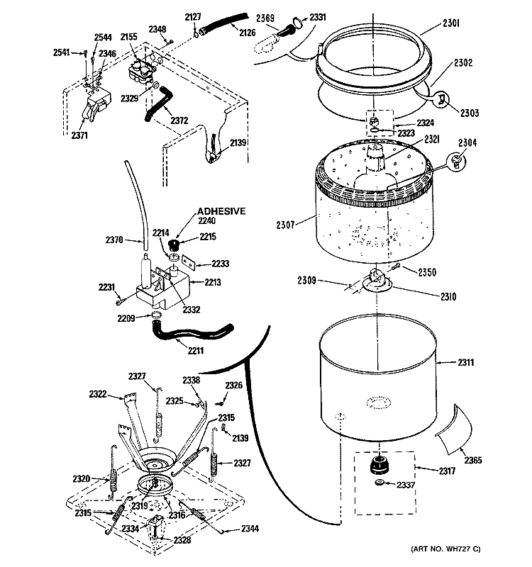 TUB, WATER VALVE & LID SWITCH Diagram and Parts List for WSM2000HBW  General Electric Washer Dryer Combo