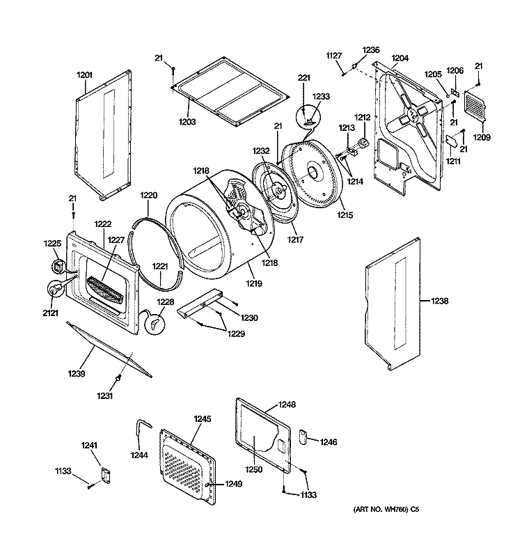 DRYER CABINET, DRUM & HEATER Diagram and Parts List for WSM2700WAWCC  General Electric Washer Dryer Combo