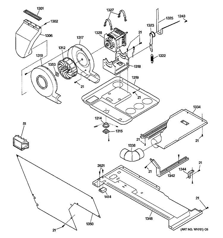 DRYER MOTOR, BLOWER & BELT Diagram and Parts List for WSM2700WAWCC  General Electric Washer Dryer Combo