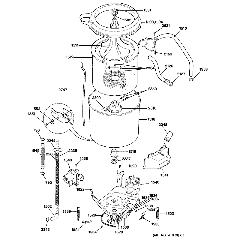 WASHER TUB, HOSES & MOTOR Diagram and Parts List for WSM2700WAWCC  General Electric Washer Dryer Combo