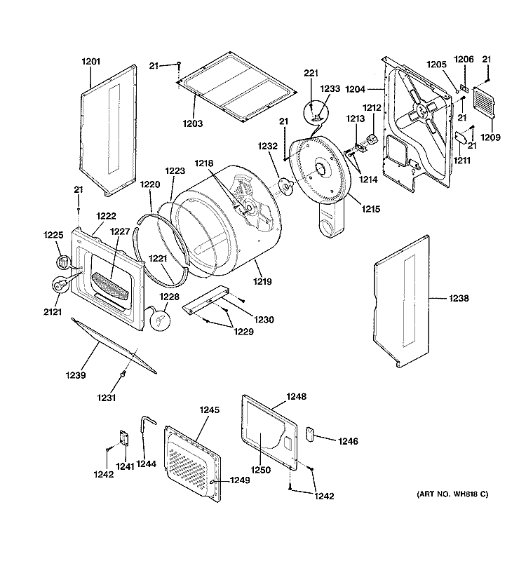 DRYER CABINET, DRUM & HEATER Diagram and Parts List for WSM2780WCWWW  General Electric Washer Dryer Combo