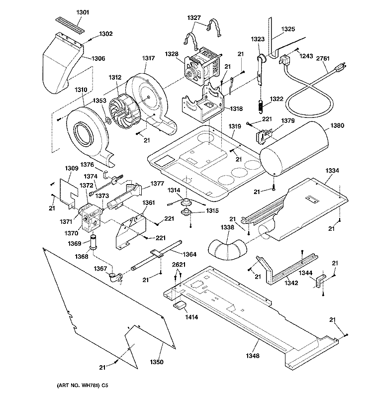 DRYER MOTOR, BLOWER & BELT Diagram and Parts List for WSM2780WCWWW  General Electric Washer Dryer Combo