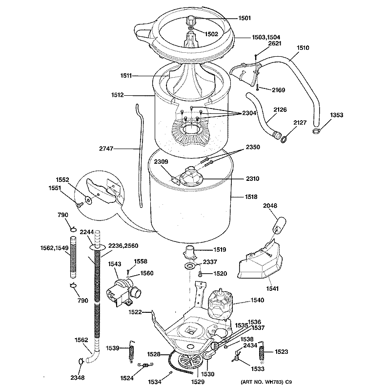WASHER TUB, HOSES & MOTOR Diagram and Parts List for WSM2780WCWWW  General Electric Washer Dryer Combo