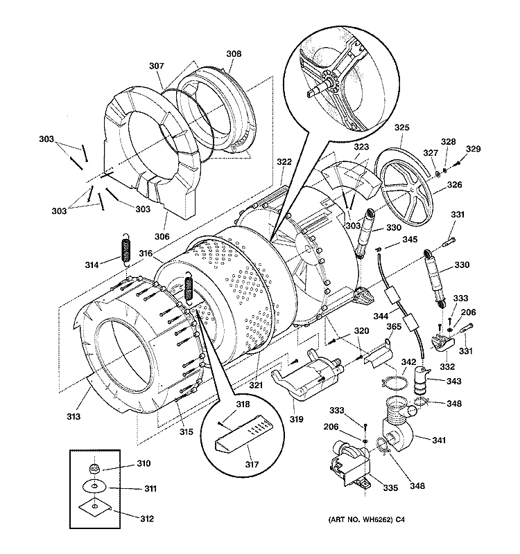 TUB & MOTOR Diagram and Parts List for WCCH404V0WW  General Electric Washer