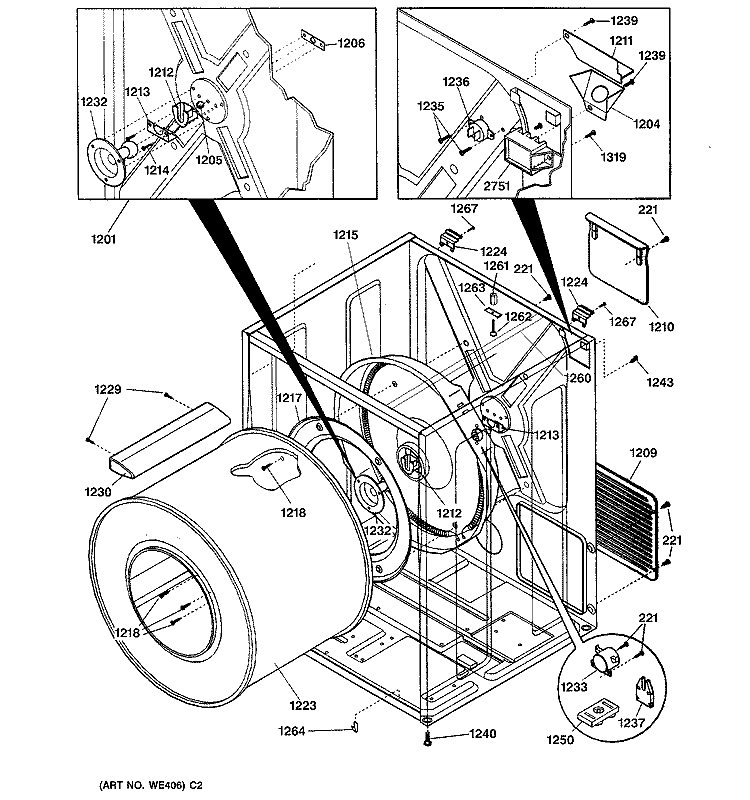 CABINET & DRUM Diagram and Parts List for DCCH43EA0WW  General Electric Dryer