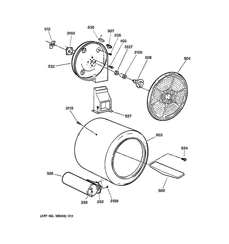 DRUM Diagram and Parts List for DBSR453GB0CC  General Electric Dryer