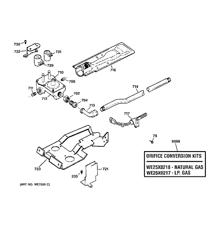 GAS VALVE & BURNER ASSEMBLY Diagram and Parts List for DBSR453GB0CC  General Electric Dryer