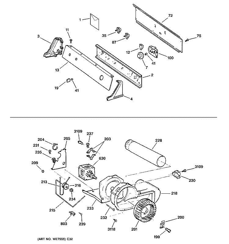 BACKSPLASH, BLOWER & MOTOR Diagram and Parts List for DBSR453GB0WW  General Electric Dryer