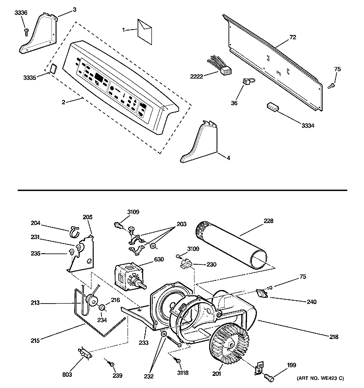 BACKSPLASH, BLOWER & MOTOR Diagram and Parts List for DPSB620EC0CC  General Electric Dryer