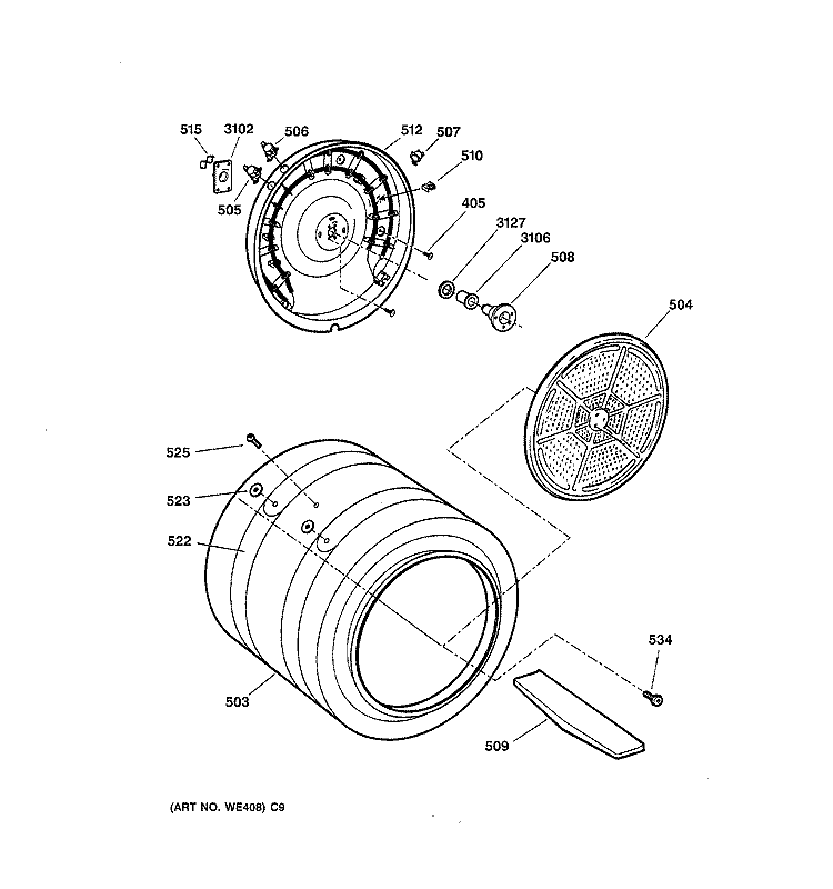 DRUM Diagram and Parts List for DPSB620EC0CC  General Electric Dryer
