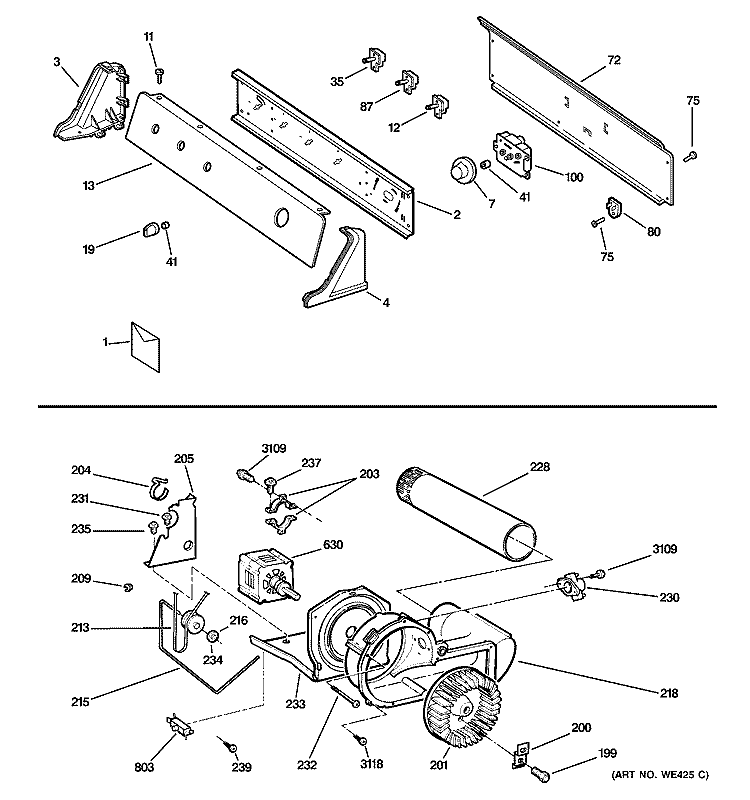 BACKSPLASH, BLOWER & MOTOR Diagram and Parts List for DS4500EB0WW  General Electric Dryer