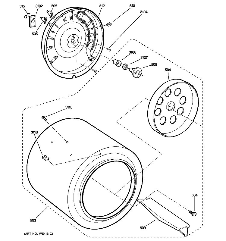 DRUM Diagram and Parts List for DSKS333EC0WH  General Electric Dryer