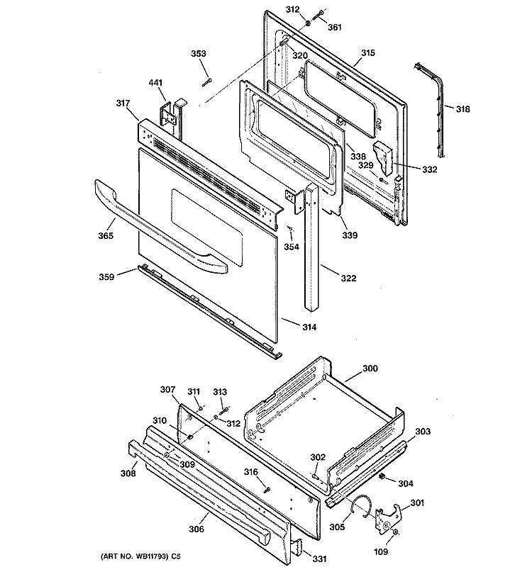 DOOR & DRAWER PARTS Diagram and Parts List for JGBS20WEA5WW  General Electric Range