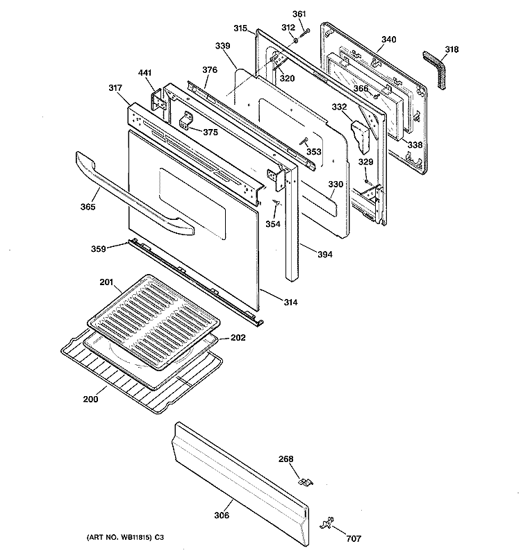 DOOR & DRAWER PARTS Diagram and Parts List for JGBP25BEC3WH  General Electric Range