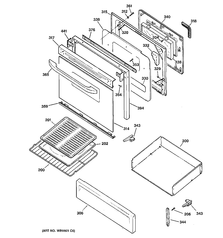 DOOR & DRAWER PARTS Diagram and Parts List for JGBP28TED2WW  General Electric Range