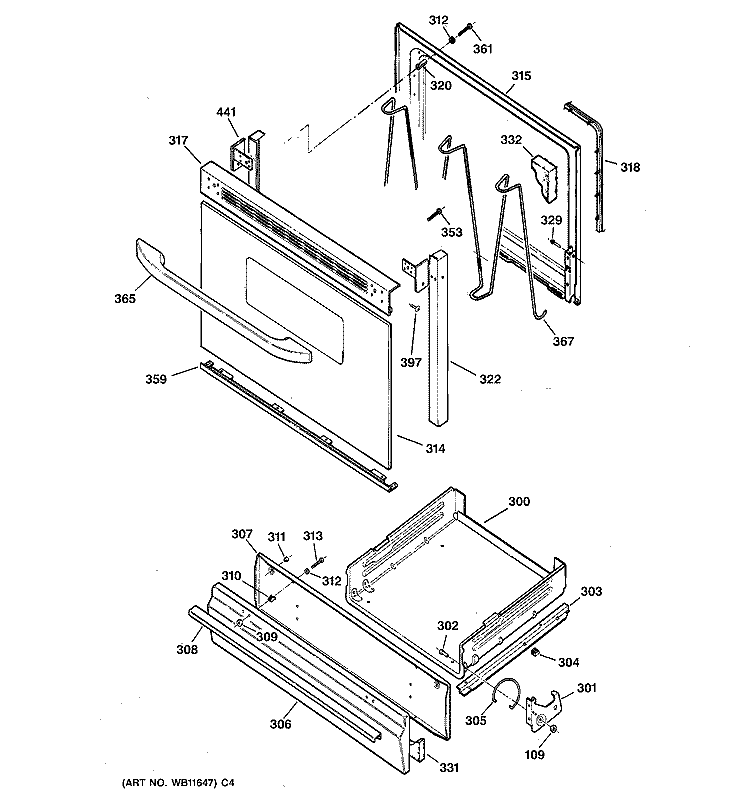 DOOR & DRAWER PARTS Diagram and Parts List for JGBS04BPA2CT  General Electric Range