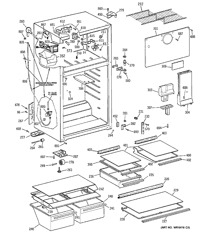 CABINET Diagram and Parts List for GTT18HCMDRCC  General Electric Refrigerator