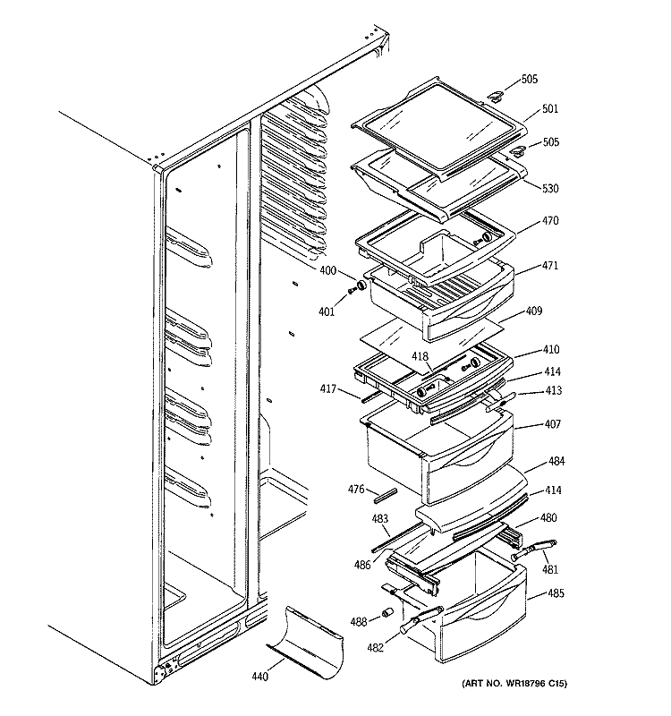 FRESH FOOD SHELVES Diagram and Parts List for PSI23SCNAFBS  General Electric Refrigerator