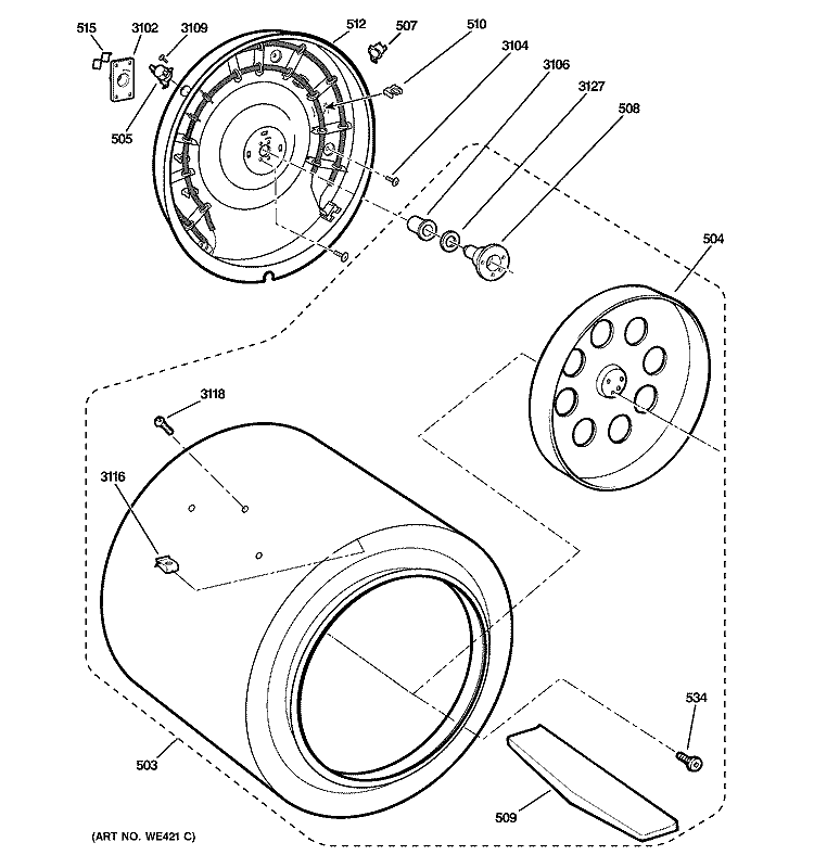 DRUM Diagram and Parts List for DSKS433EB0WW  General Electric Dryer