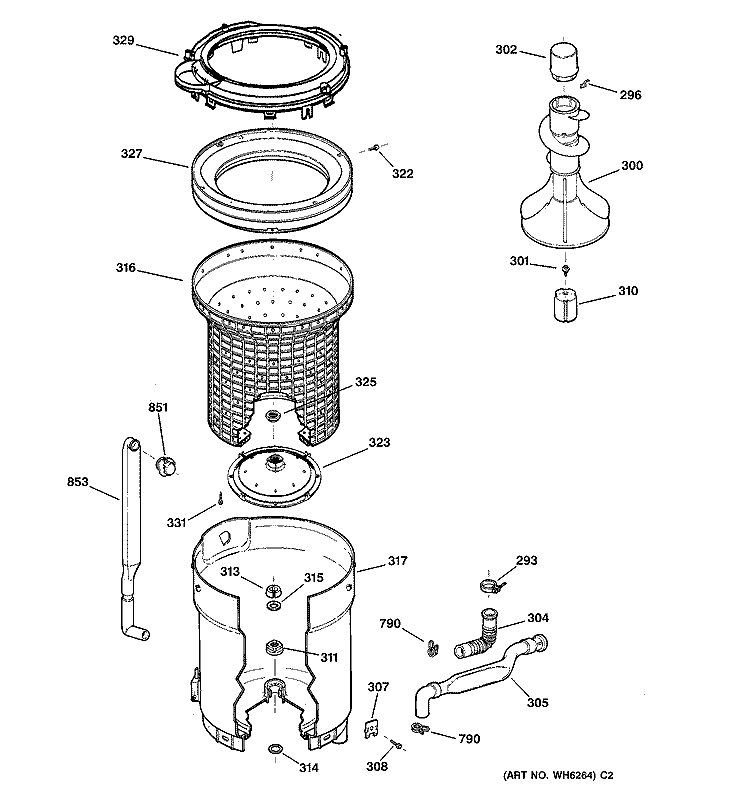 TUB, BASKET & AGITATOR Diagram and Parts List for WLCD2050B1WC  General Electric Washer
