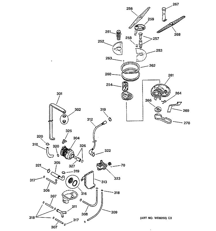 MOTOR - PUMP & SPRAY ARM ASSEMBLY Diagram and Parts List for ZBD5900F01SS  General Electric Dishwasher