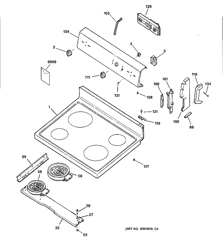 CONTROL PANEL & COOKTOP Diagram and Parts List for JBP60BC5WH  General Electric Range