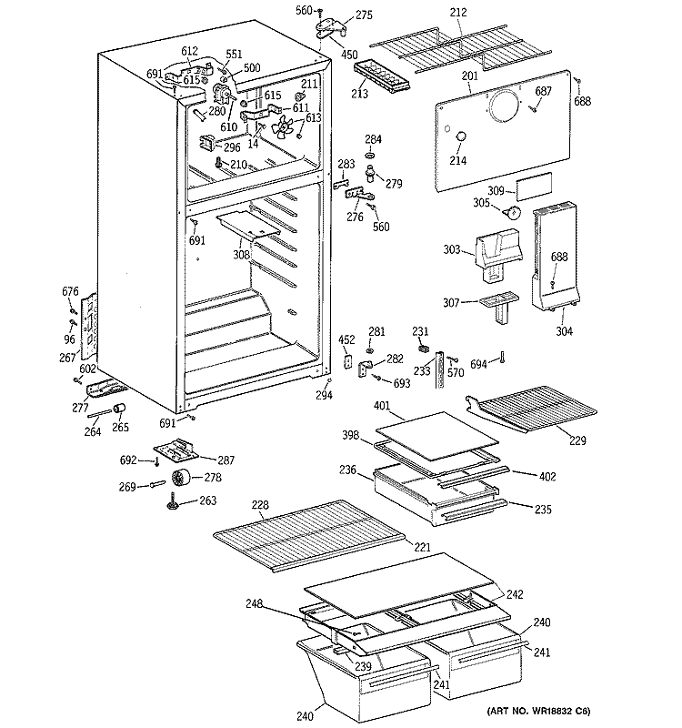 CABINET Diagram and Parts List for GTS18EBMFRWW  General Electric Refrigerator