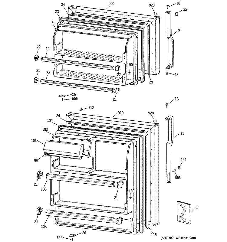 DOORS Diagram and Parts List for GTS18FBMFRCC  General Electric Refrigerator