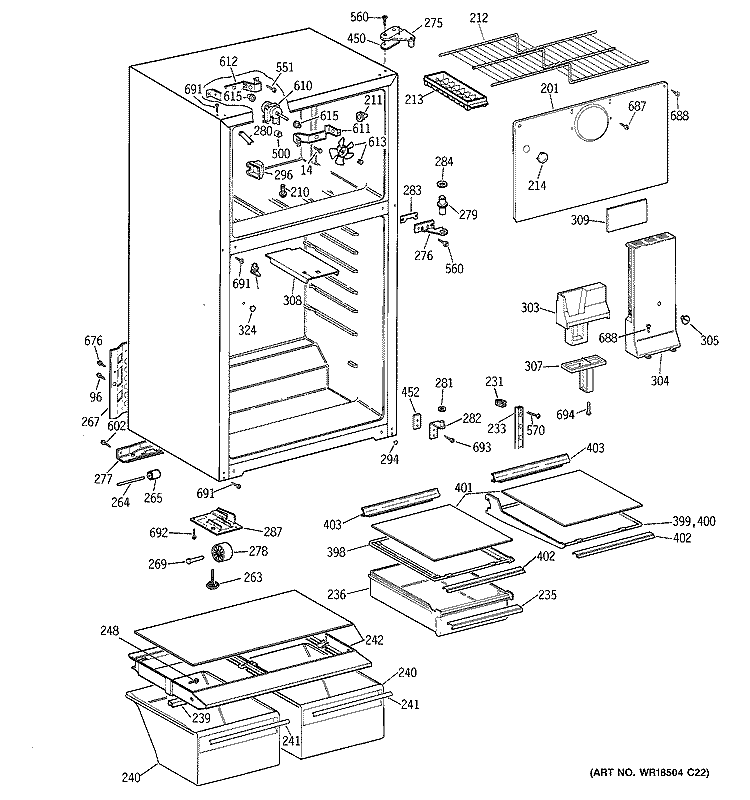 CABINET Diagram and Parts List for GTS18XBMFRWW  General Electric Refrigerator