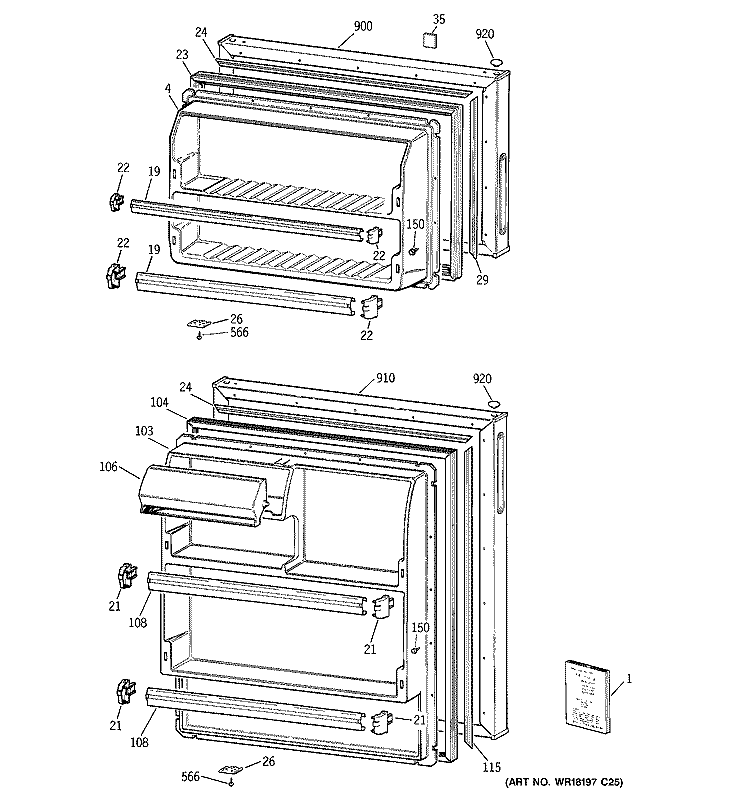 DOORS Diagram and Parts List for GTR18BBMFRCC  General Electric Refrigerator
