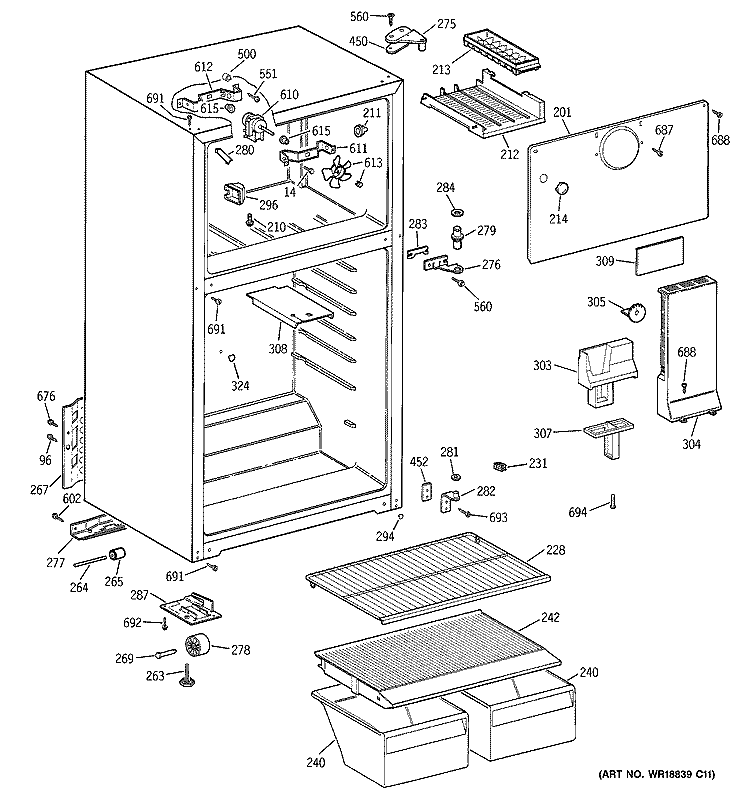 CABINET Diagram and Parts List for GTR18BBMFRWW  General Electric Refrigerator