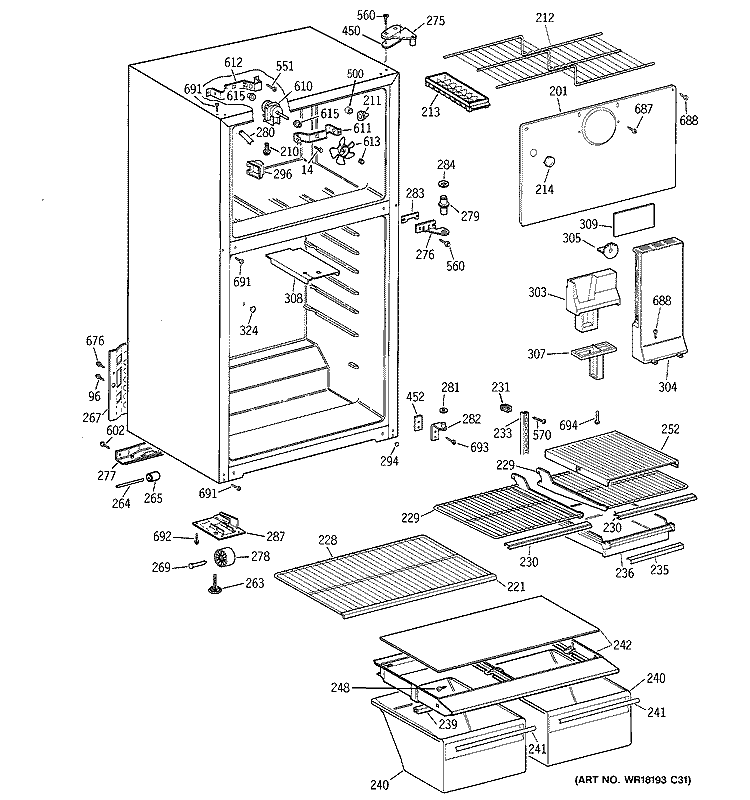 CABINET Diagram and Parts List for GTT15FBMFRCC  General Electric Refrigerator