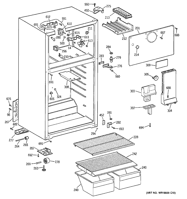 CABINET Diagram and Parts List for GTT16BBMFRWW  General Electric Refrigerator