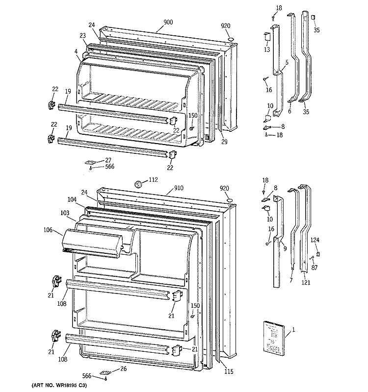 DOORS Diagram and Parts List for TBX14SAZCLAD  General Electric Refrigerator