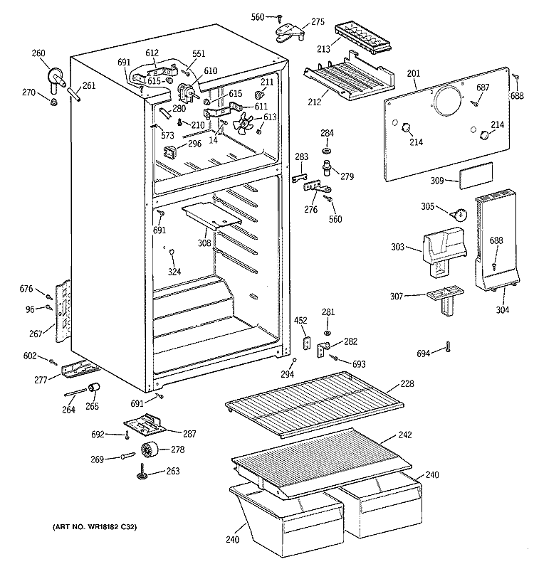 CABINET Diagram and Parts List for TBX16SAZDRWH  General Electric Refrigerator