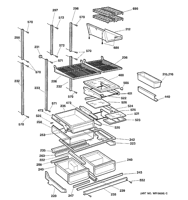 SHELVES Diagram and Parts List for TNS22PACALBS  General Electric Refrigerator