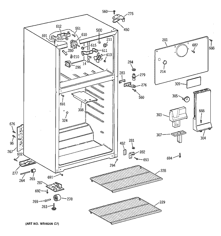CABINET Diagram and Parts List for HTR18ABMFRWW  Hotpoint Refrigerator