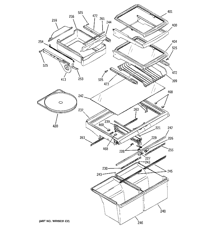 FRESH FOOD SHELVES Diagram and Parts List for HTG25LBMARWW  Hotpoint Refrigerator