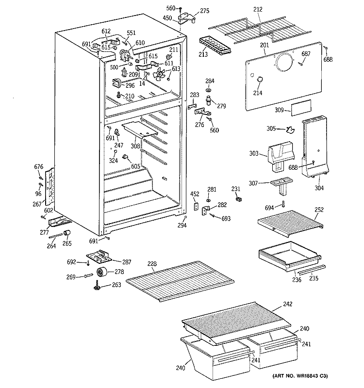 CABINET Diagram and Parts List for RTT14CBMBRCC  General Electric Refrigerator