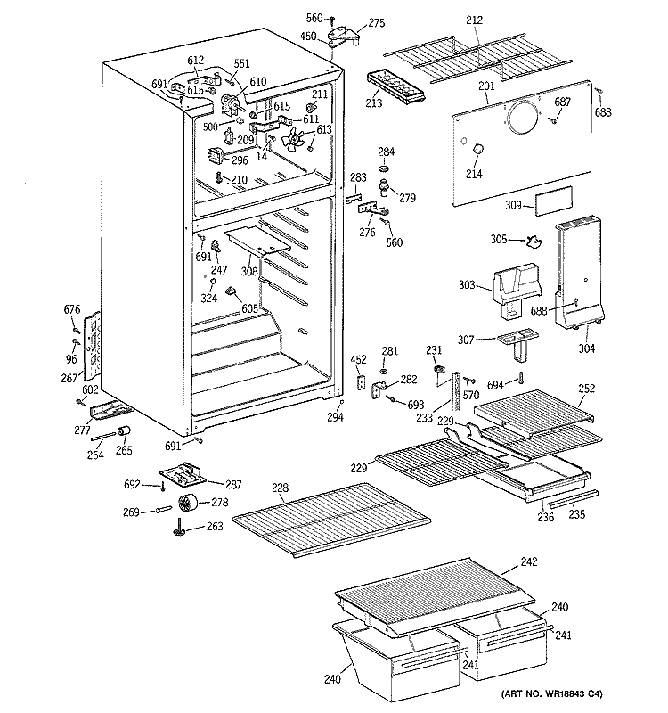 CABINET Diagram and Parts List for RTT16EBMBRCC  General Electric Refrigerator