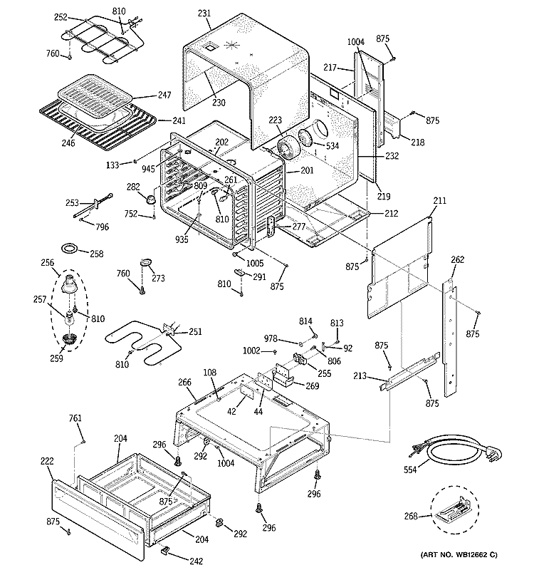 BODY PARTS Diagram and Parts List for JCSP47WF1WW  General Electric Range