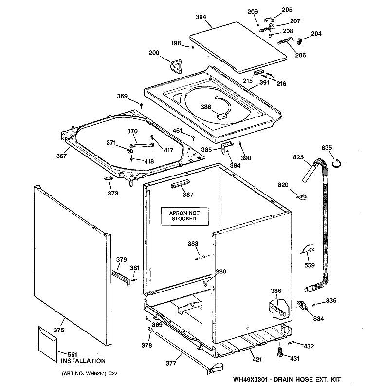 CABINET, COVER & FRONT PANEL Diagram and Parts List for WHDSE820C0WW  General Electric Washer