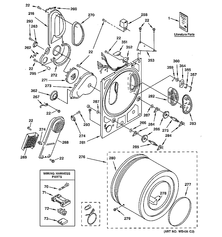 BACK PANEL & DRUM Diagram and Parts List for DSKP233EW1WH  General Electric Dryer