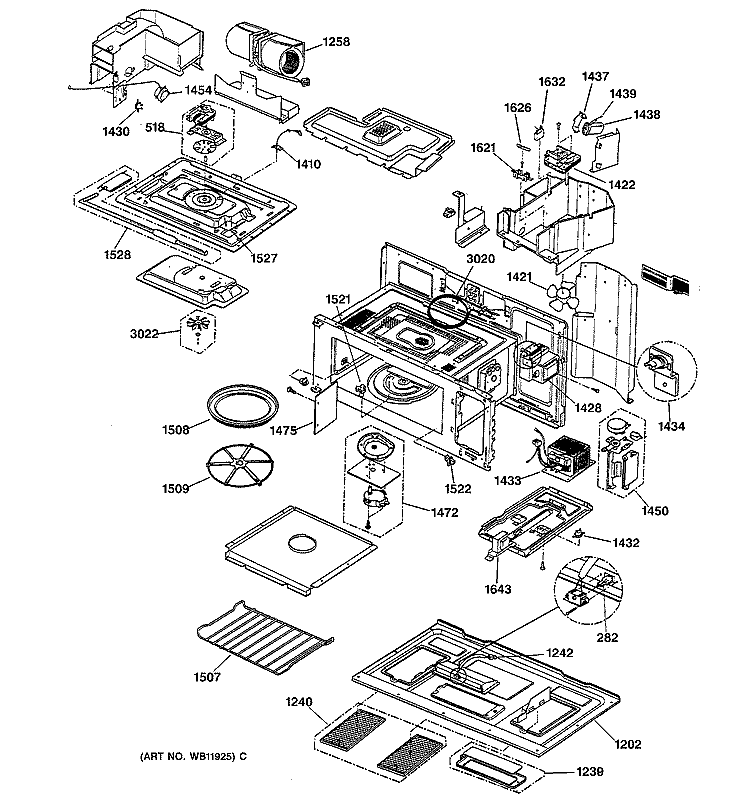 UNIT PARTS & BASE Diagram and Parts List for JVM1490BD002  General Electric Microwave