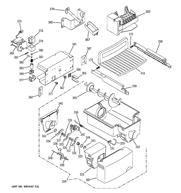 ICE MAKER & DISPENSER Diagram and Parts List for PSC23SSNASS  General Electric Refrigerator