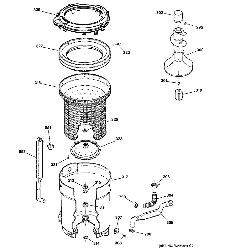 TUB, BASKET & AGITATOR Diagram and Parts List for WCCB1030B1WW  General Electric Washer