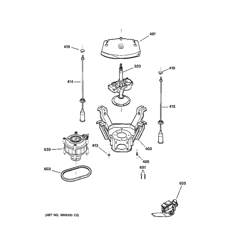 SUSPENSION, PUMP & DRIVE COMPONENTS Diagram and Parts List for WCCB1030B1WW  General Electric Washer