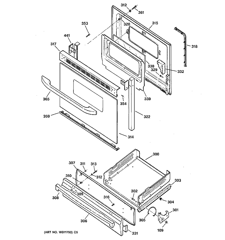 DOOR & DRAWER PARTS Diagram and Parts List for JGBS20BEA1CT  General Electric Range