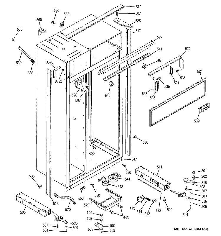 CASE PARTS Diagram and Parts List for ZISB360DMB  General Electric Refrigerator
